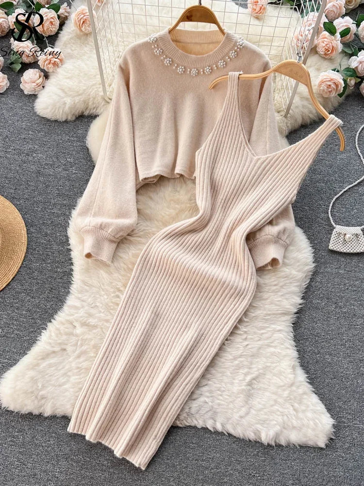 Korean Fashion Knitted Dress Sets Women Elegant Long Sleeve Pearl Sweater+Knitted Camis Dress Sets Sweater Casual Pullovers Suit beige One Size