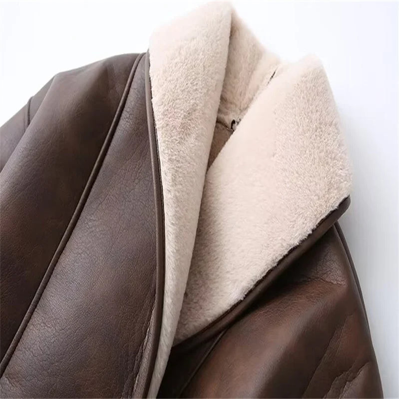 Two-color fur all-in-one coat for women in autumn and winter new fashionable and warm mid-length leather coat with belt
