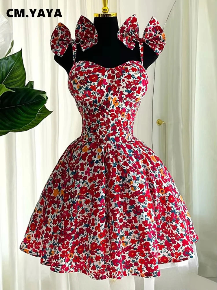 CM.YAYA Women Floral Printed Sleeveless Bowknot Strap Big Swing Mini Dress 2025 Evening Sexy Beach Party Birthday Street Dresses