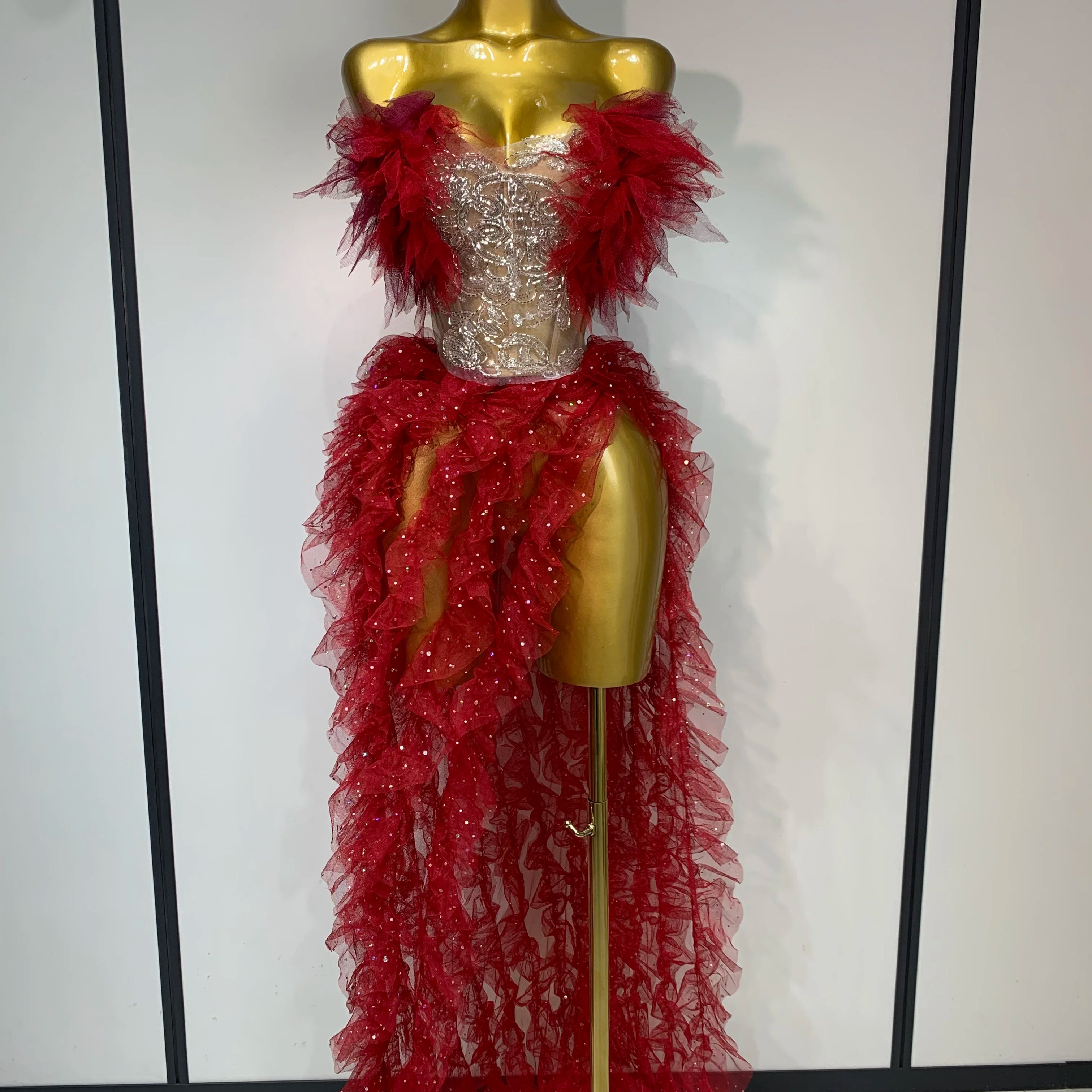 Women Sexy Strapless Mesh two Pieces Set Bodycon Long Dress High Split Nightclub Party Luxury Birthday  Singer Stage Outfit