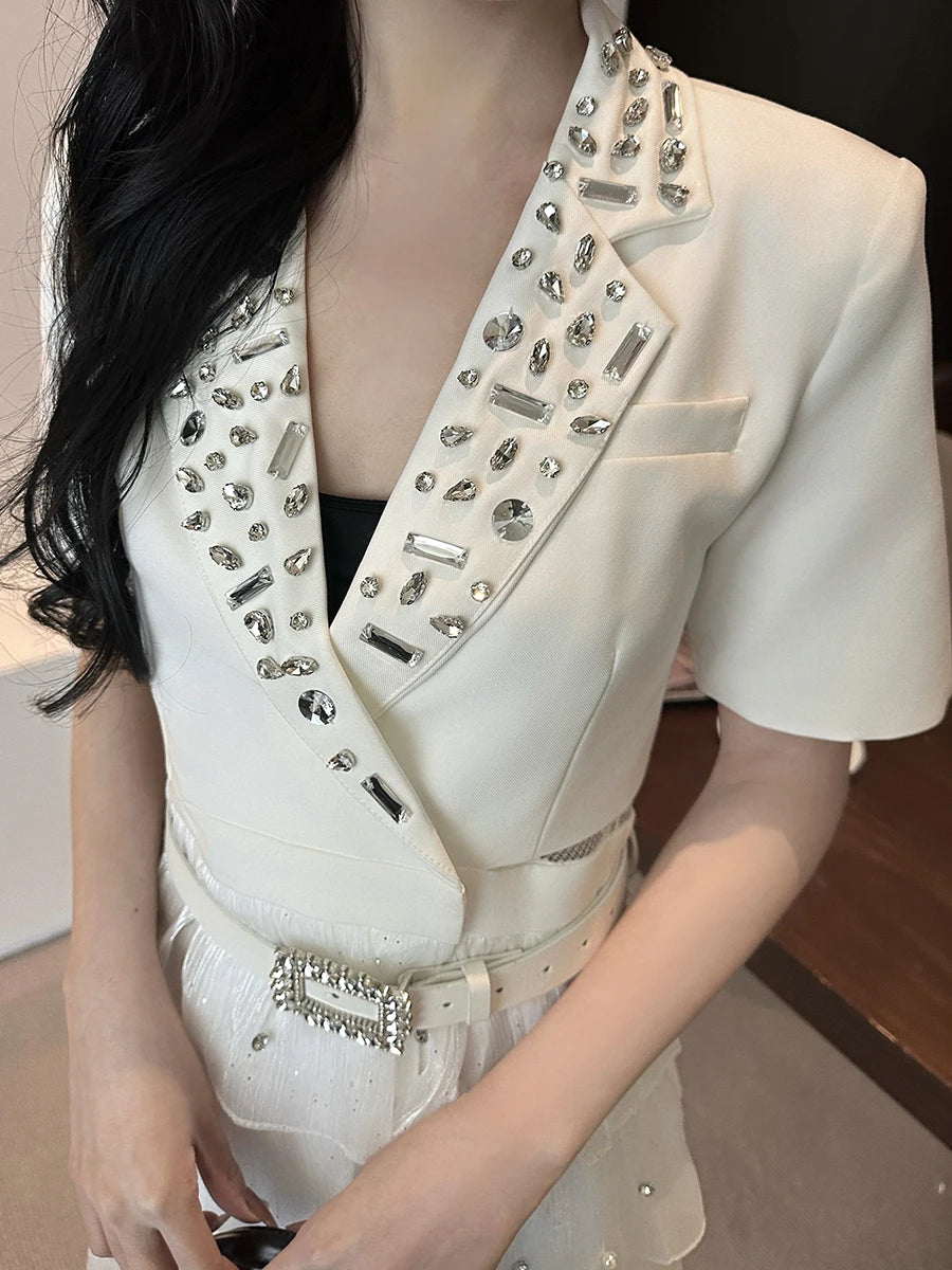 TWOTWINSTYLE Solid Spliced Bead Belt Elegant Dresses for Women Lapel Short Sleeves Patchwor Ruffles Dress Female Clothing New