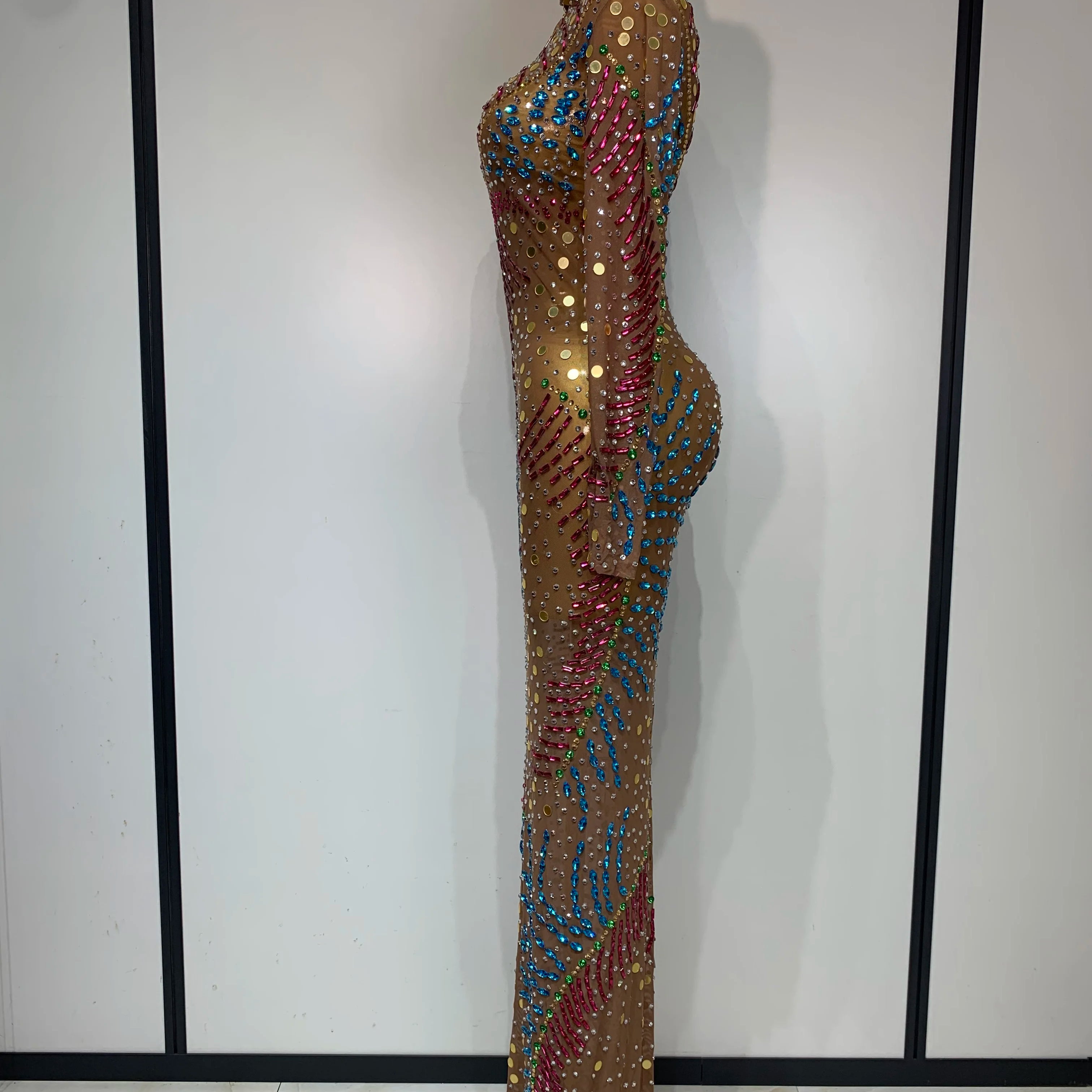 Women Sparkly Rhinestone See Through Elastic Mesh Women Long Dress Evening Prom Birthday Party Wear Club Performance Costume