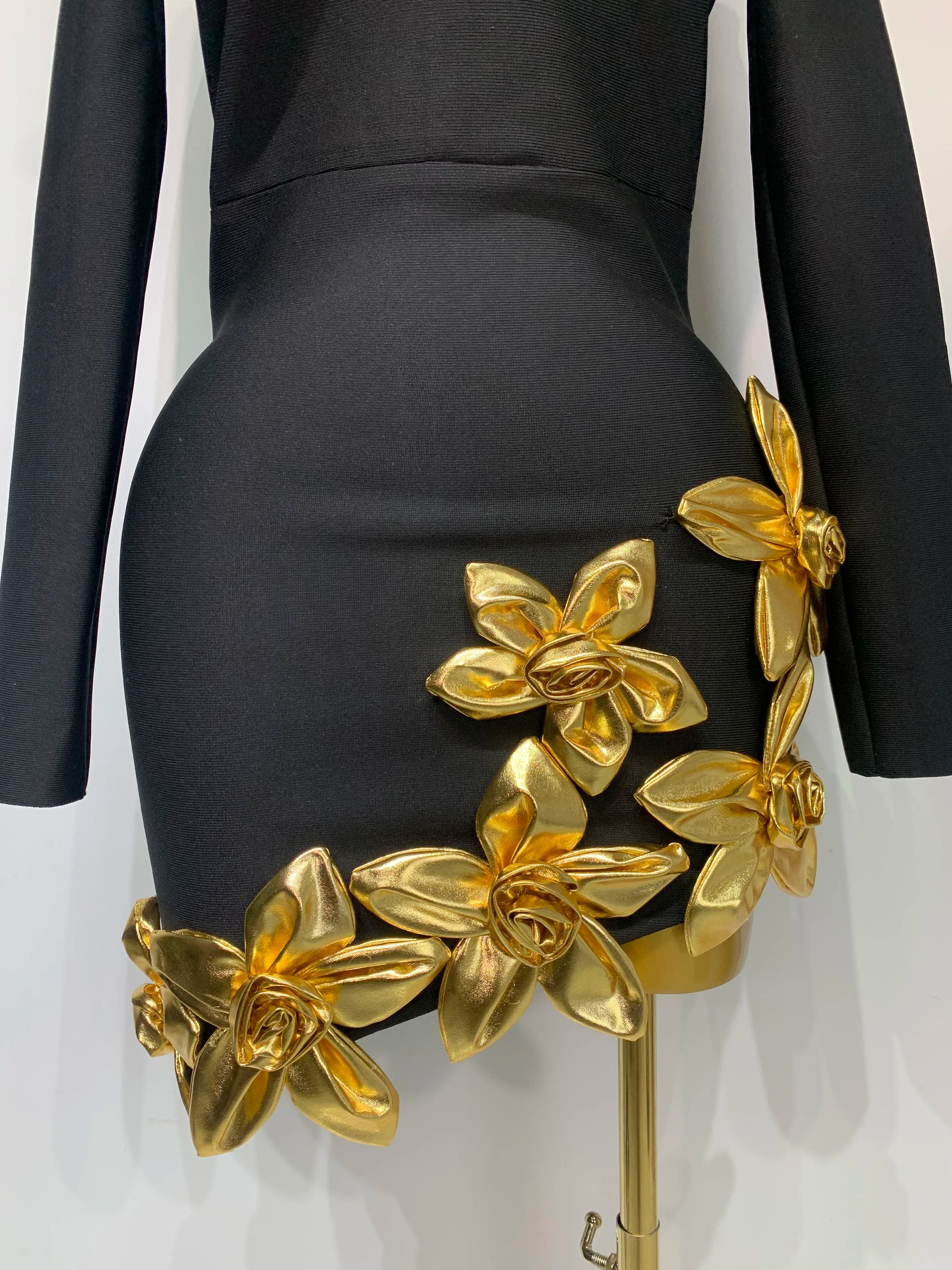 Women Long Sleeve Sexy Square Collar Gold Flower Bodycon Mini Bandage Dress Celebirty Elegant Nightclub Luxury Birthday Dresses