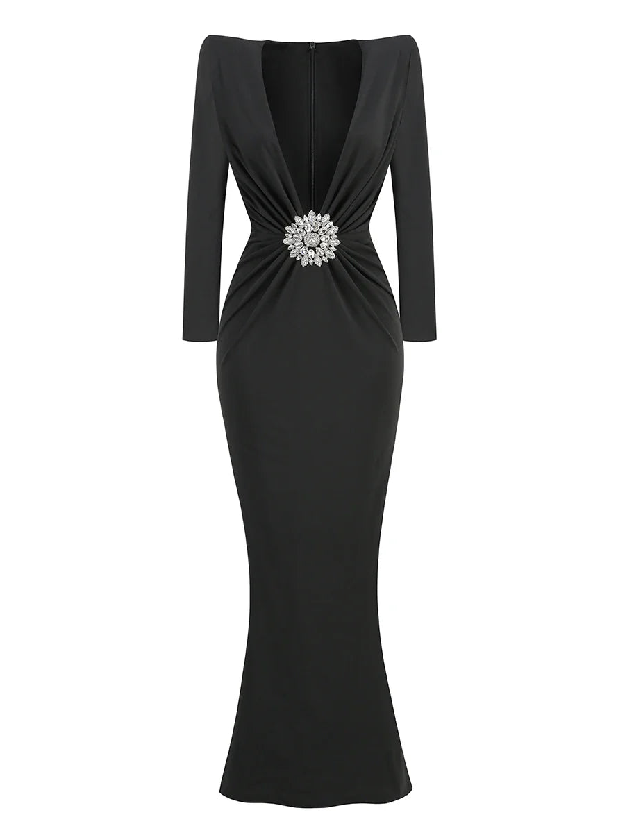 Vestido longo preto longo com strass e diamantes, sexy, para festa noturna, clube, 2025