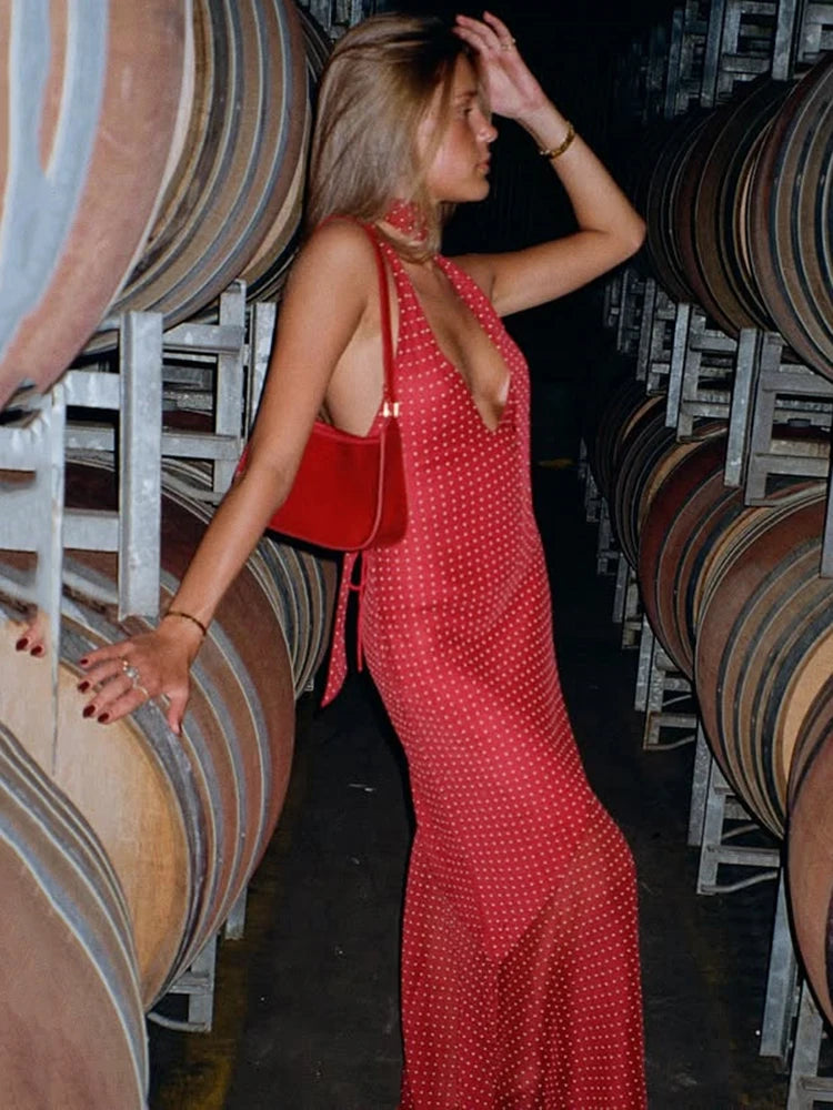 Halter Polka Dot Maxi Dress For Women Elegant Deep V Neck Backless Lace-up Bodycon Club Party Long Dress Vestido