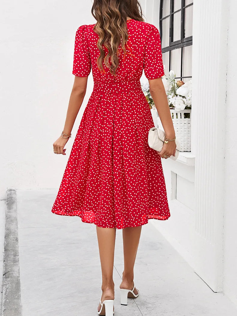 Elegant Office Lady Lace Up Dress Women Casual Short Sleeved Women's Dress 2024 Spring Summer Polo Dot Printed Dress Up