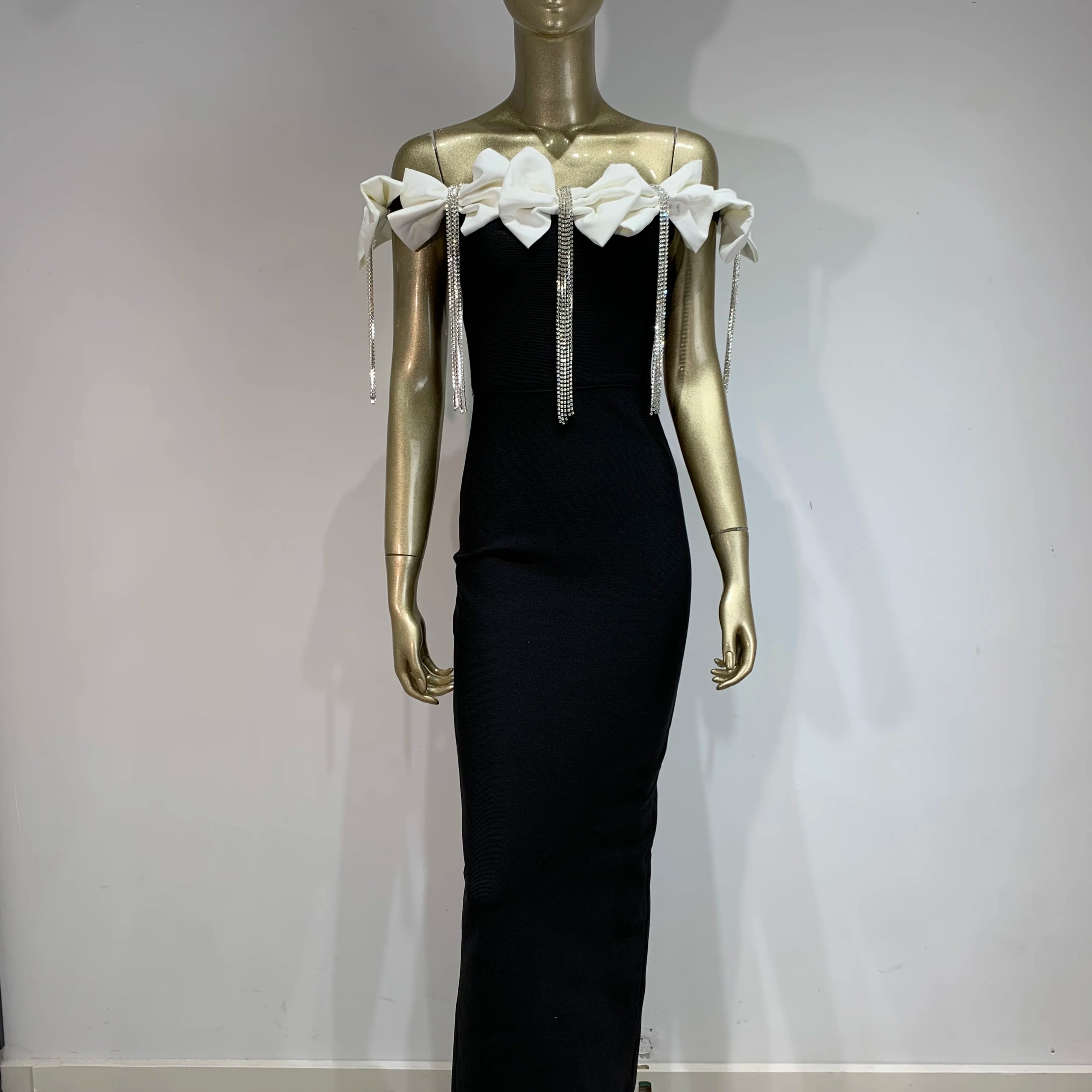 Women Sexy Off the Shoulder Bodycon Bandage Long Dress Bow Chain Elegant Evening Party Celebrate Birthday Dress