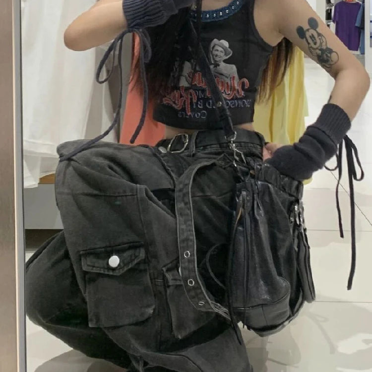 Y2k Cargo Jeans Pants Women Rave Pants Street Oversize Loose Wide-leg Pockets Female Pant Vintage Hip Hop Denim Trousers