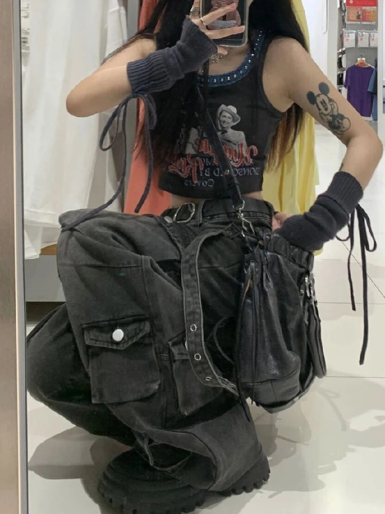 Y2k Cargo Jeans Pants Women Rave Pants Street Oversize Loose Wide-leg Pockets Female Pant Vintage Hip Hop Denim Trousers