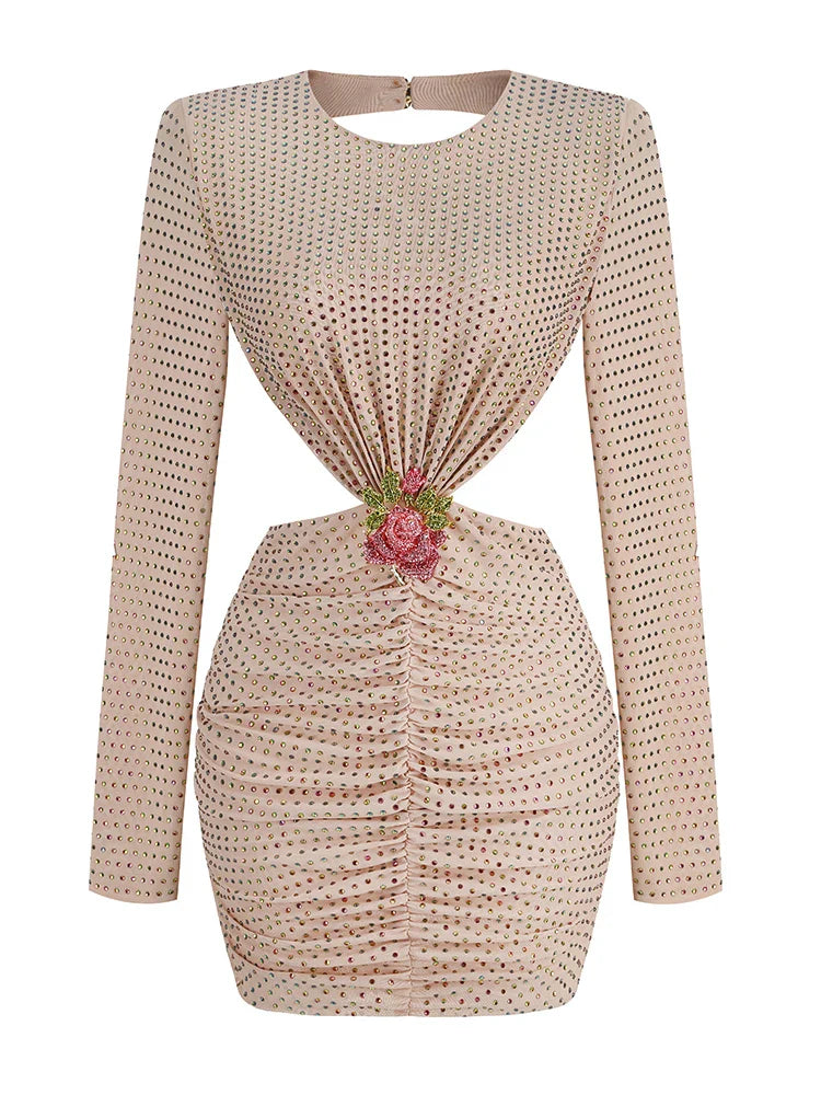 Sexy O Neck Long Sleeve Beading Mini Dress Women Flower Backless Luxury Diamonds Slim Dress Cocktail Party Evening Dresses as photo