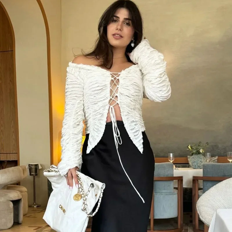 Talenza White Hollow V-neck Top Cardigan Women's Sexy Strappy Solid Color Long Sleeve Top Cardigan Casual Smocked Cardigan Top