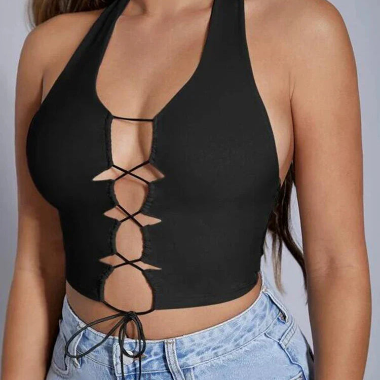 Lace Up Front Crop Halter Top Sleeveless Lace up Top Cutout Front Cami Tank black