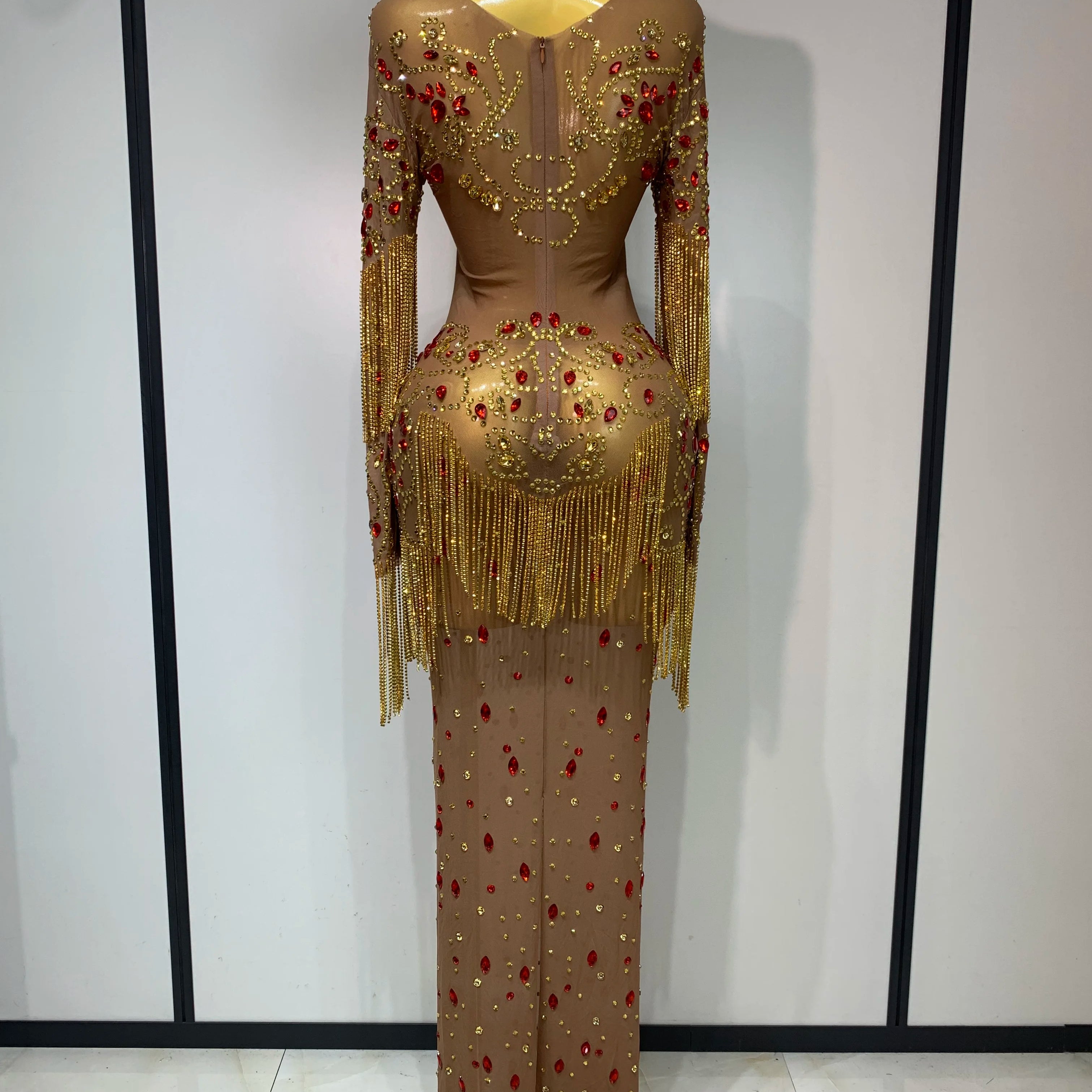 High Quality See Through Elastic Mesh Sparkly Rhinestone Stage Performan Costume Luxury Birthday Evening Party Wedding Dress