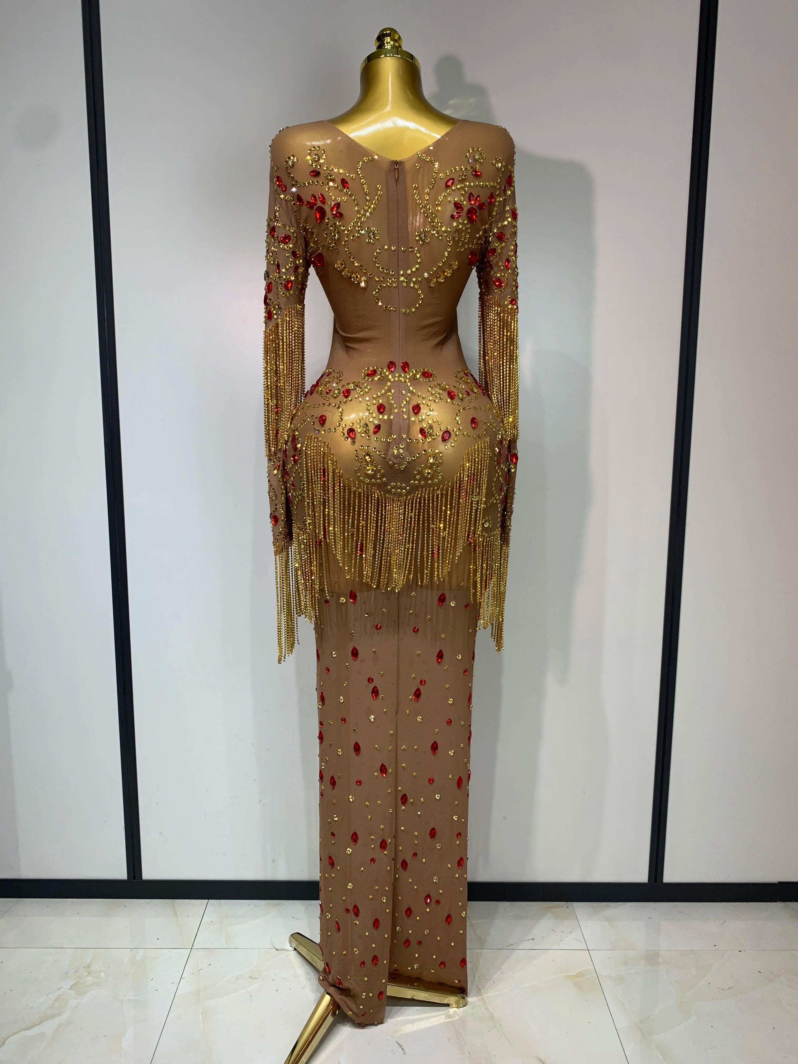 High Quality See Through Elastic Mesh Sparkly Rhinestone Stage Performan Costume Luxury Birthday Evening Party Wedding Dress