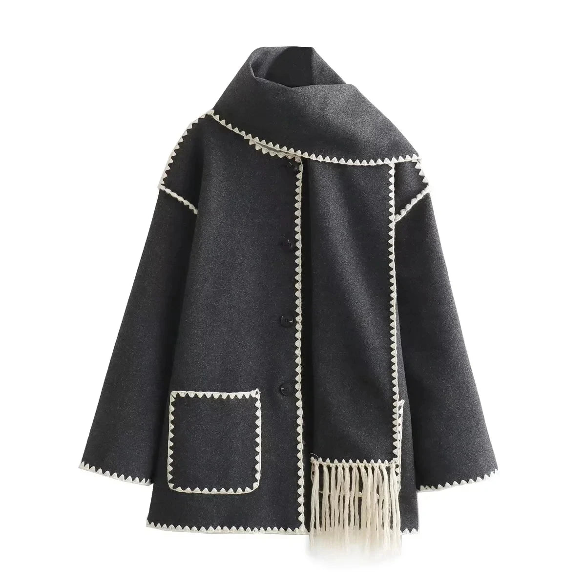 TRAFZA 2023 Autumn Fashion Woman Black Crochet Scarf Coat O Neck Long Sleeve Button Straight Casual Vintage Female Cozy Coats dark grey