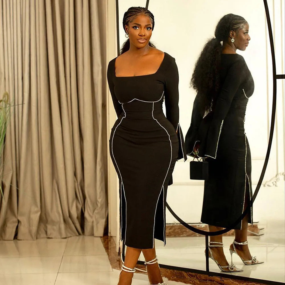 Women Long Sleeve Sexy Square Collar Zipper Bodycon Mid-calf Bandage Dress Celebrate Fashion Evening Party Dress