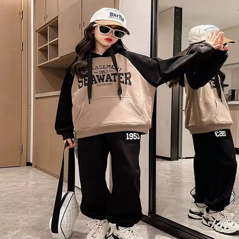 Spring and Autumn Fashion Kids Girl Set Letter Loose Large Pocket Hoodies+Pants 2Pcs School Loungewear Tracksuit 5-16 Years