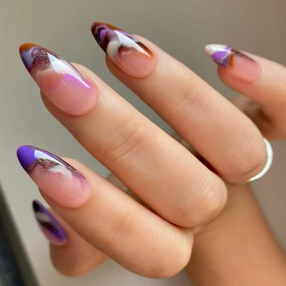 24Pcs Shading Gradient Deep Blue Press on Nails Stripes Almond False Nails with Jelly Glue Wearable Fashion Finished Nail Patch
