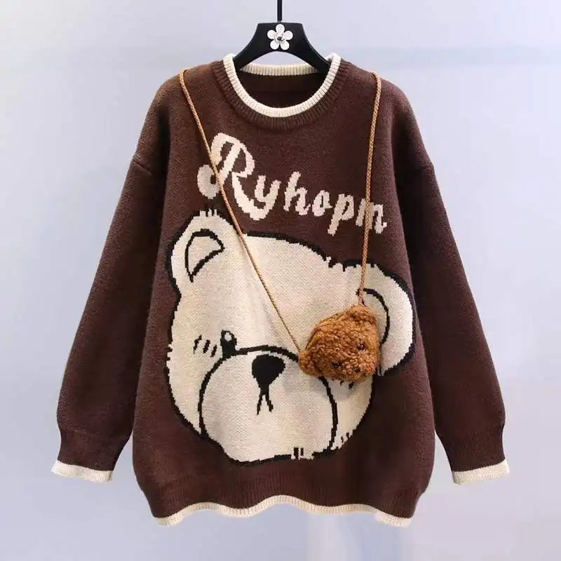 Winter Warm Lucky Red Sweater Pleated Mini Skirts 1 or 2 Piece Set Women Cute Bear Knit Pullover Skirt Outfits Top with Bag Only Brown Sweater