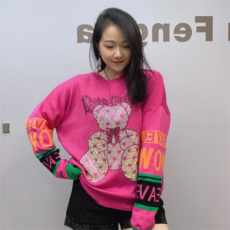 Fashion Cartoon Bear Rhinestone Long Sleeve Sweater Female New Round Neck Black Cotton Long knitted Sweater Pullover For Women