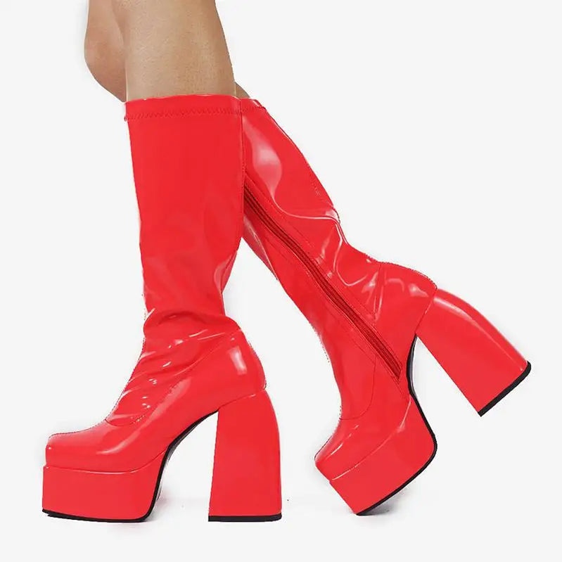 Elastic Microfiber Shoes Ankle Boots Autumn Snow Boots High Heel Thick Platform Mid-Calf Boots