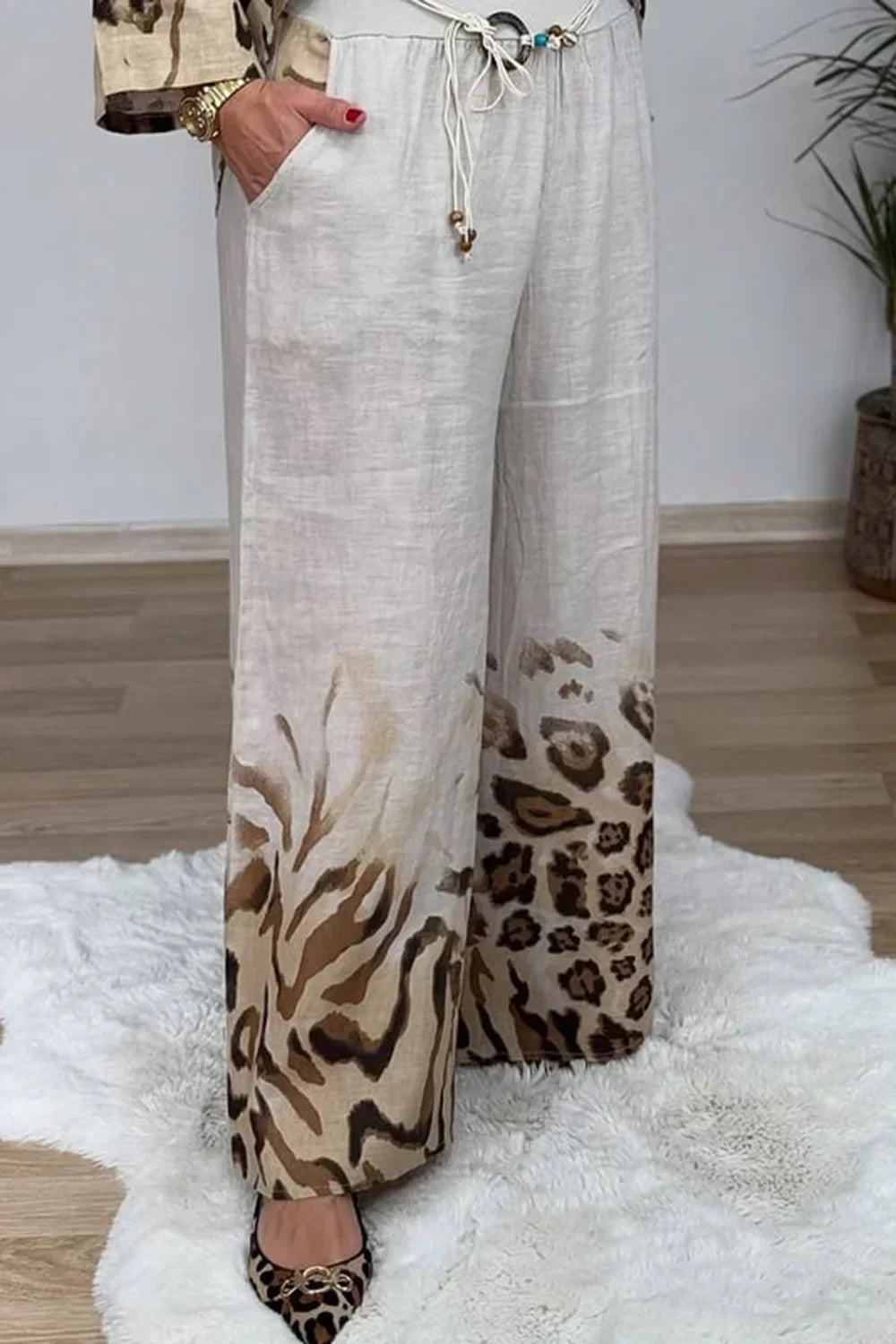 Women's Plus Size Casual Two Piece Set Leopard 3/4 Sleeve Crew Neck Tops T-Shirt Elastic Waist Straight Loose Pockets Pants Sets