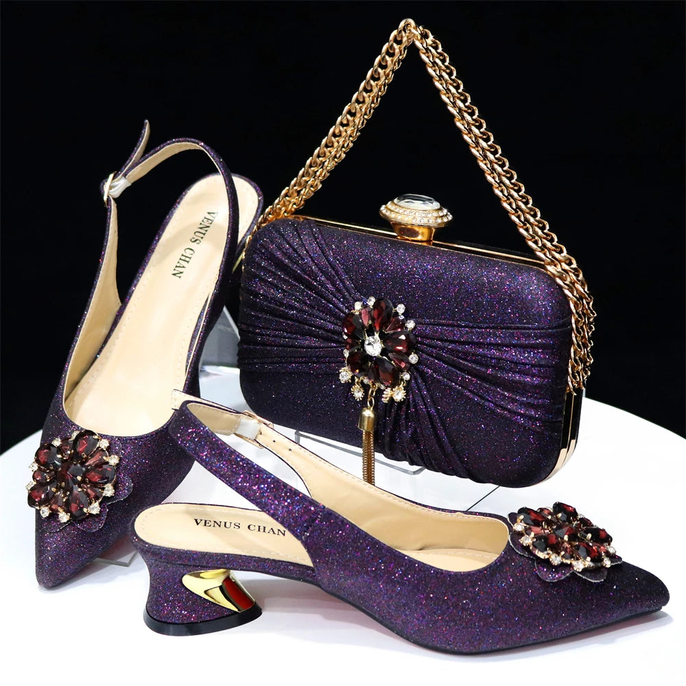 Striper Snake Pattern Rhinestone Flower Summer Shoes for Women Sandals Shoes and Bag for Party Purple