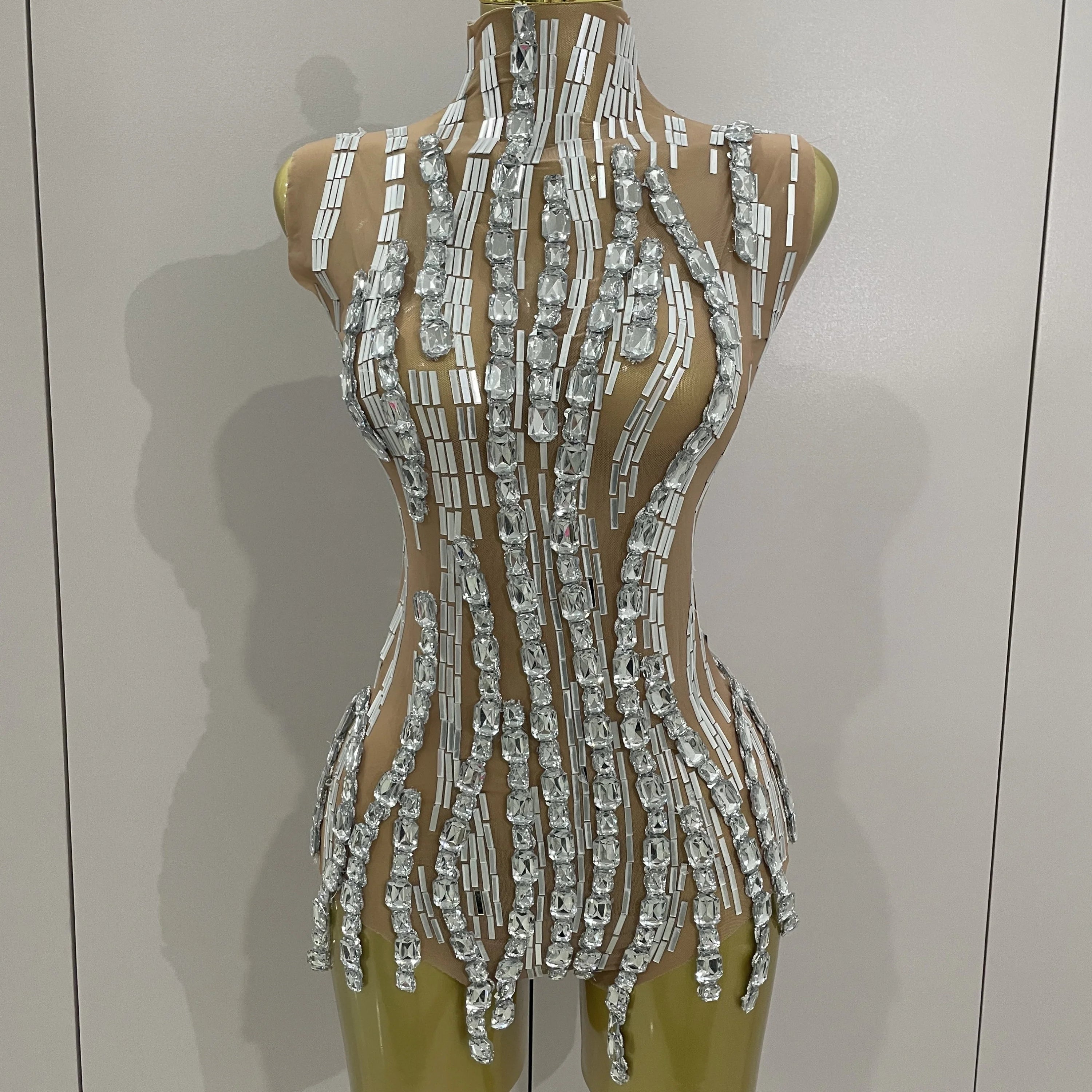 Sparkly Rhinestone Chain Sexy Transparent Sleeveless Bodysuit 2025Women Party Nightclub Team Performance Costume Show Stage Wear