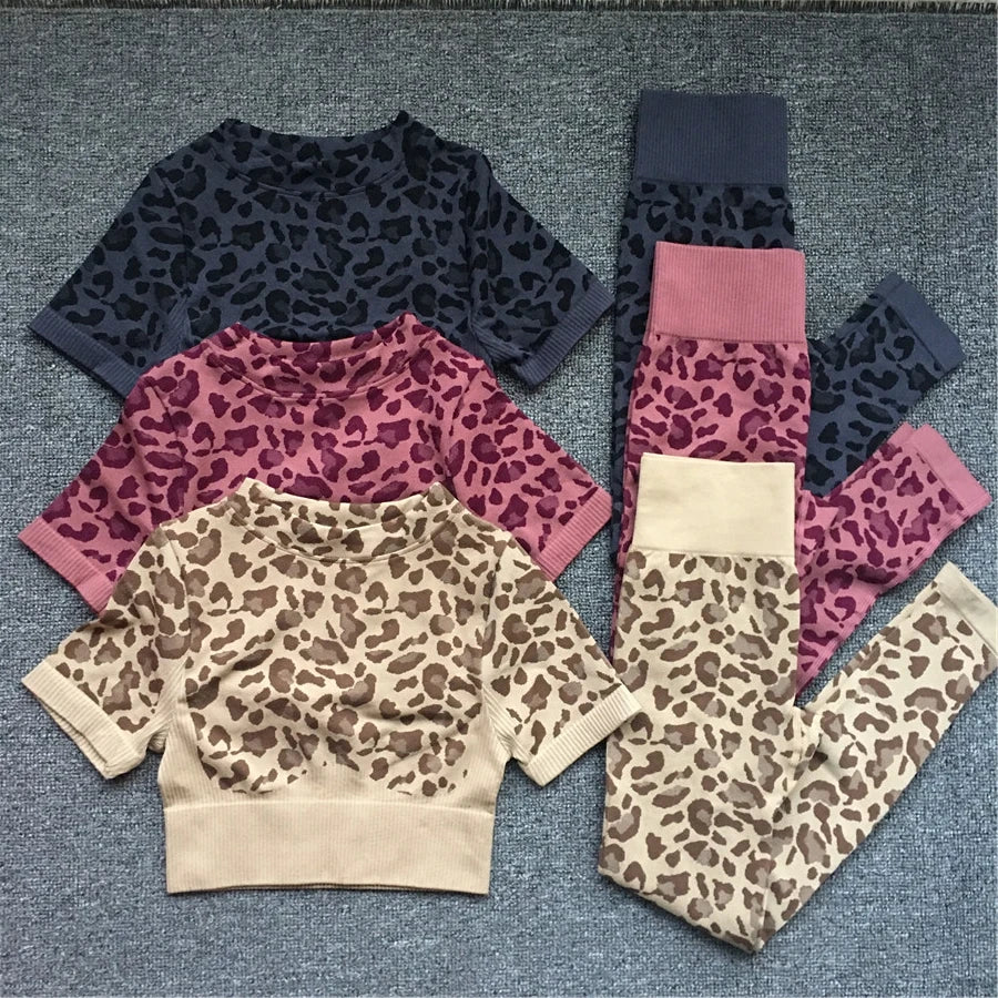 Women Fashion Sexy Leopard Printed 2 PCS Yoga Set Gym Shockproof Sports Bras Sport Leggings Running Work Out Training Suit