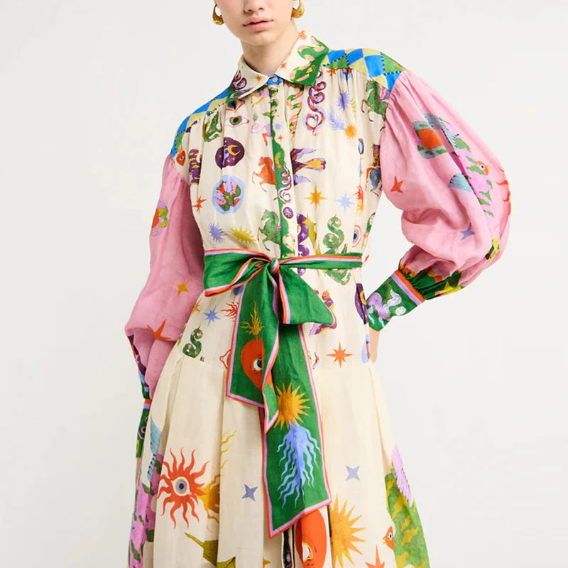 Elegant Loose Tie-Up Stand Collar Shirt Dress Women Fall Boho Print Pink Maxi Dress Fashion Geometric Cartoon Pattern Long Dress 02 Patchwork Pink
