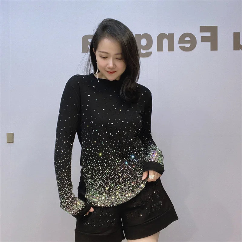 Women Shiny Rhinestones Long Shirt Women Glitter Hot Pressed Diamond base Shirt Casual Loose Women's Clothing Shirt