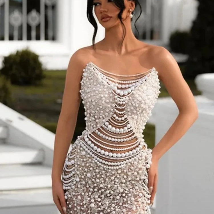 Vestido feminino luxuoso, sexy, sem alças, costas nuas, pérolas, lantejoulas, maxi longo, bege, elegante, para festa à noite, clube