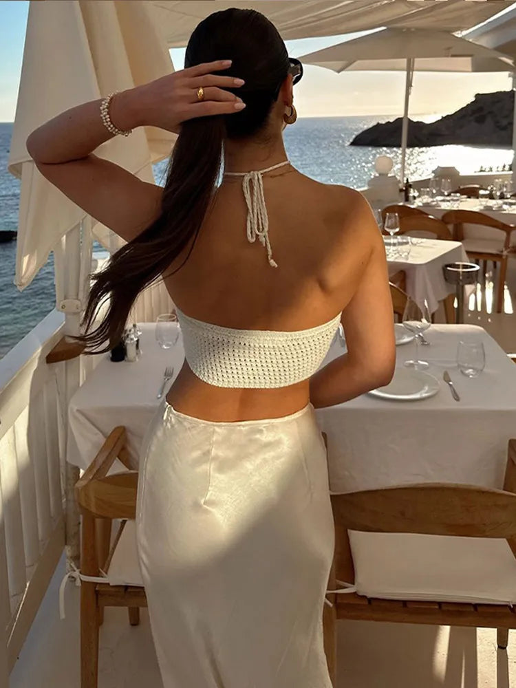 Knitted 3d Flower Women Halter Vest Sexy Hollow Out Backless Female Crop Top Summer Sleeveless Lace Up Holiday Lady Beachwear