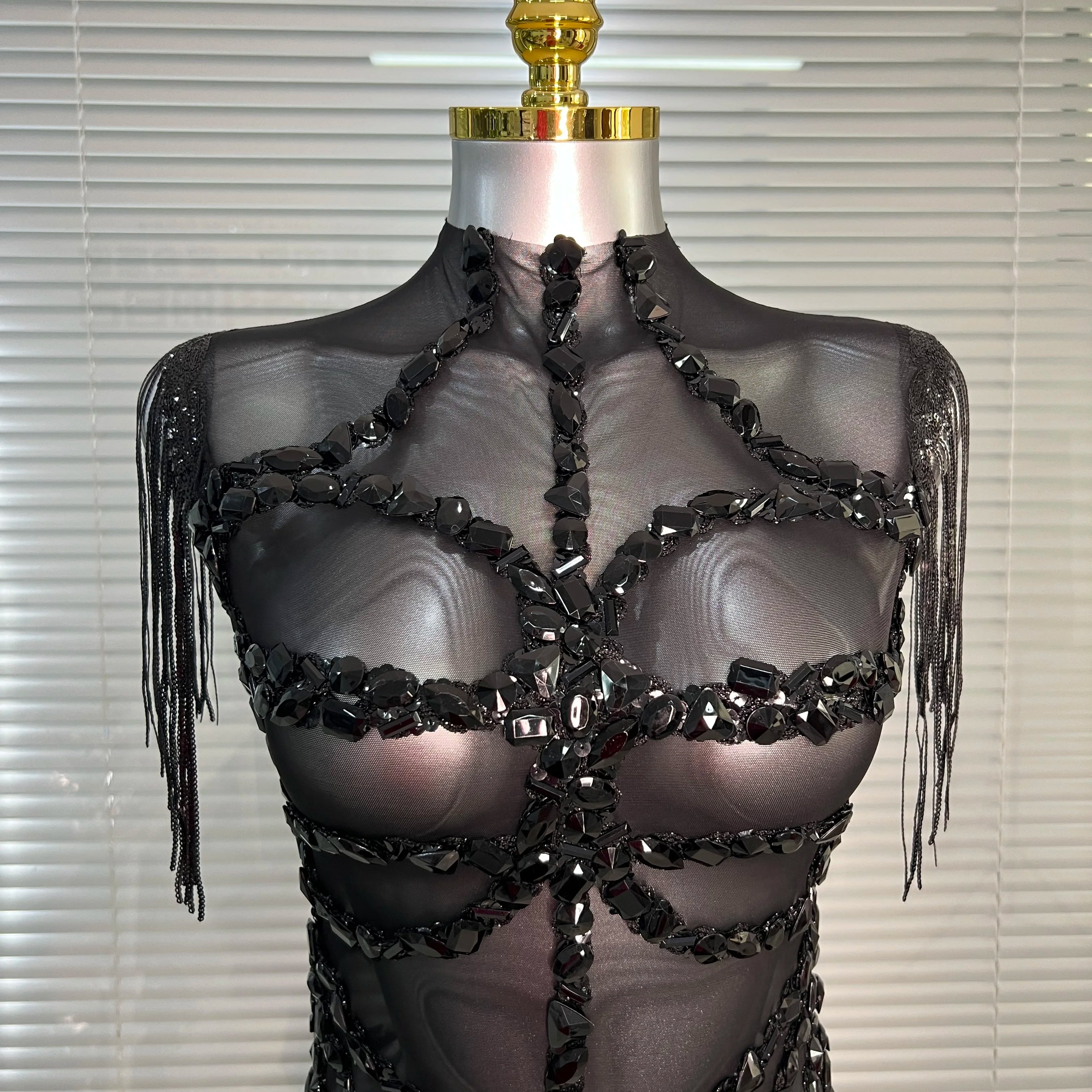 Summer New Women Sexy Black Tassel Crystal Diamonds Stretchy Night Club See Through Singer Dancer Stage Costume Party Bodysuit