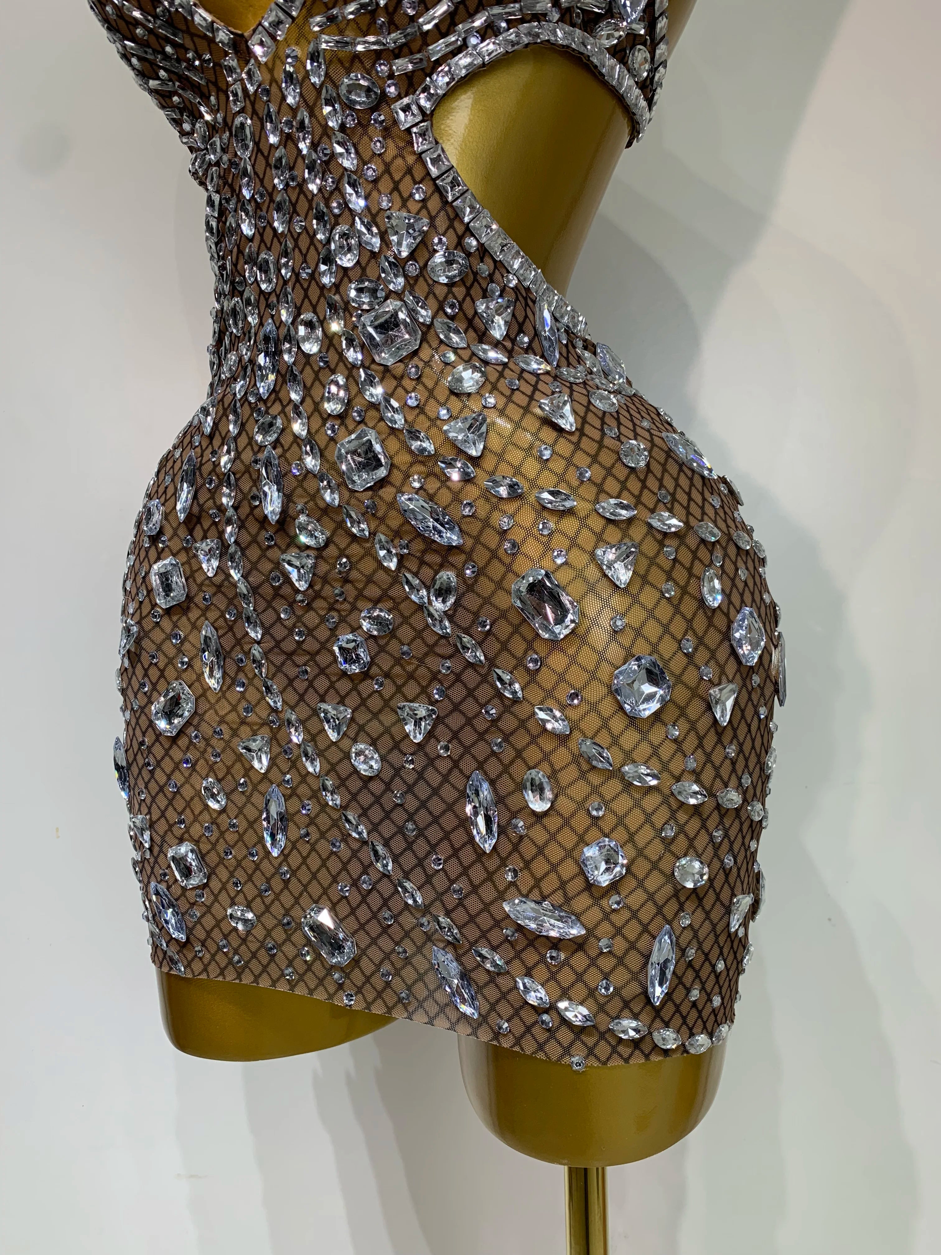 Sexy Sparkly Diamond Backless Short Dress 2025 Women Sleeveless Mesh See Through Evening Birthday Gown Singer Stage Outfit