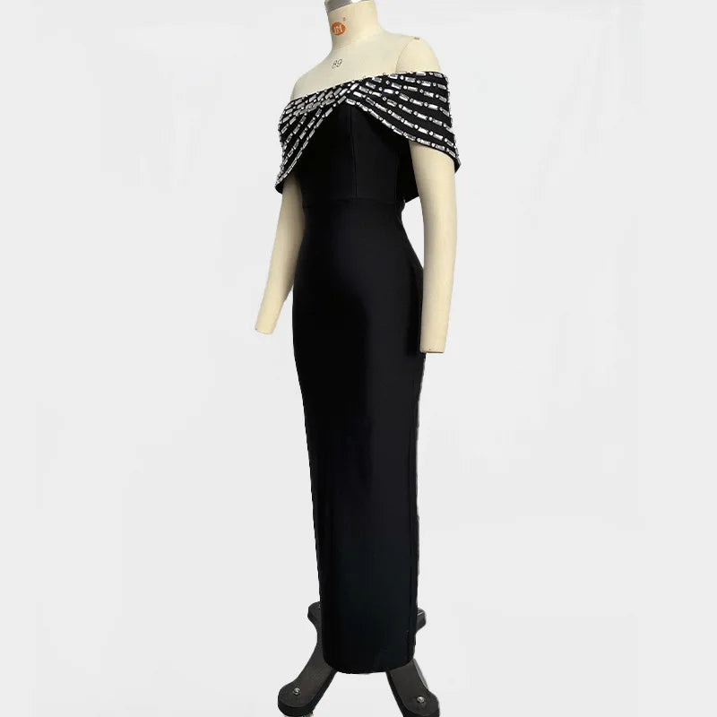 Vestido longo bandagem preto feminino, sexy, decote em V, brilhante, cristal, colado, elegante, festa à noite, coquetel, tapete vermelho