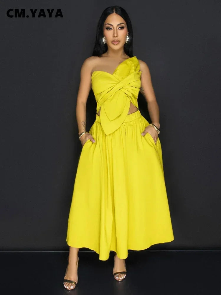 CM.YAYA Women Big Petal Front Strapless Midi Long Dress 2024 Summer Street Vestidos Sexy Party Evening Chic Big Swing Dresses