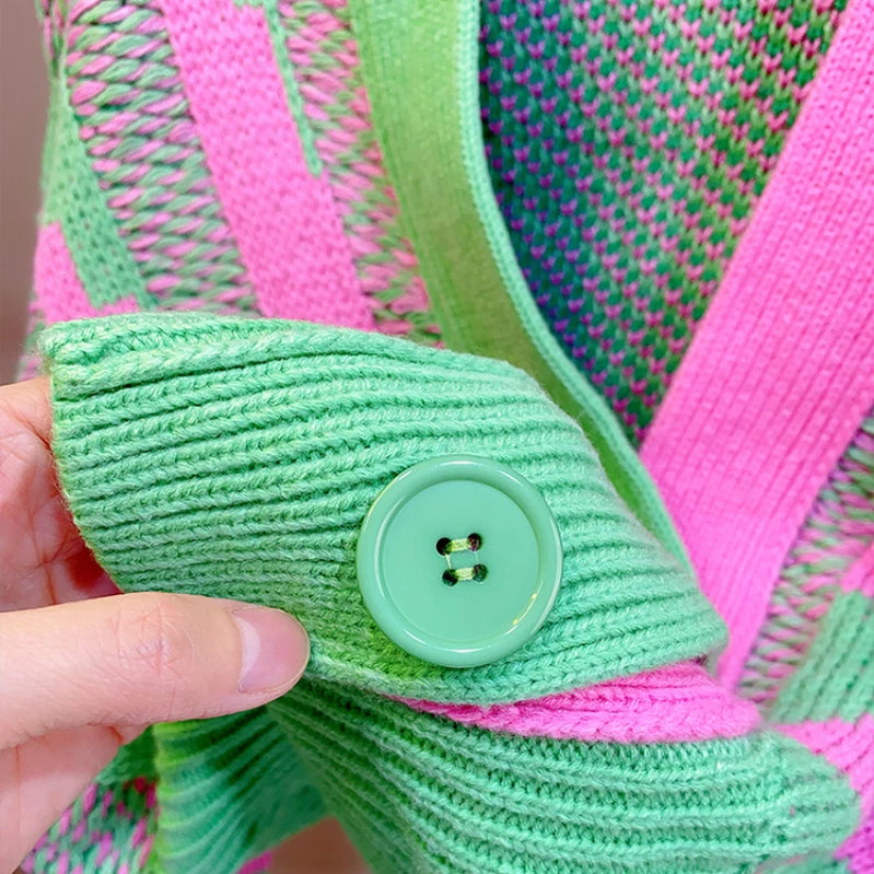 Women Color Block Green Crop Cardigan High Street Long Sleeve Knit Top Autumn Winter New in Korean Dongdaemun Fashion