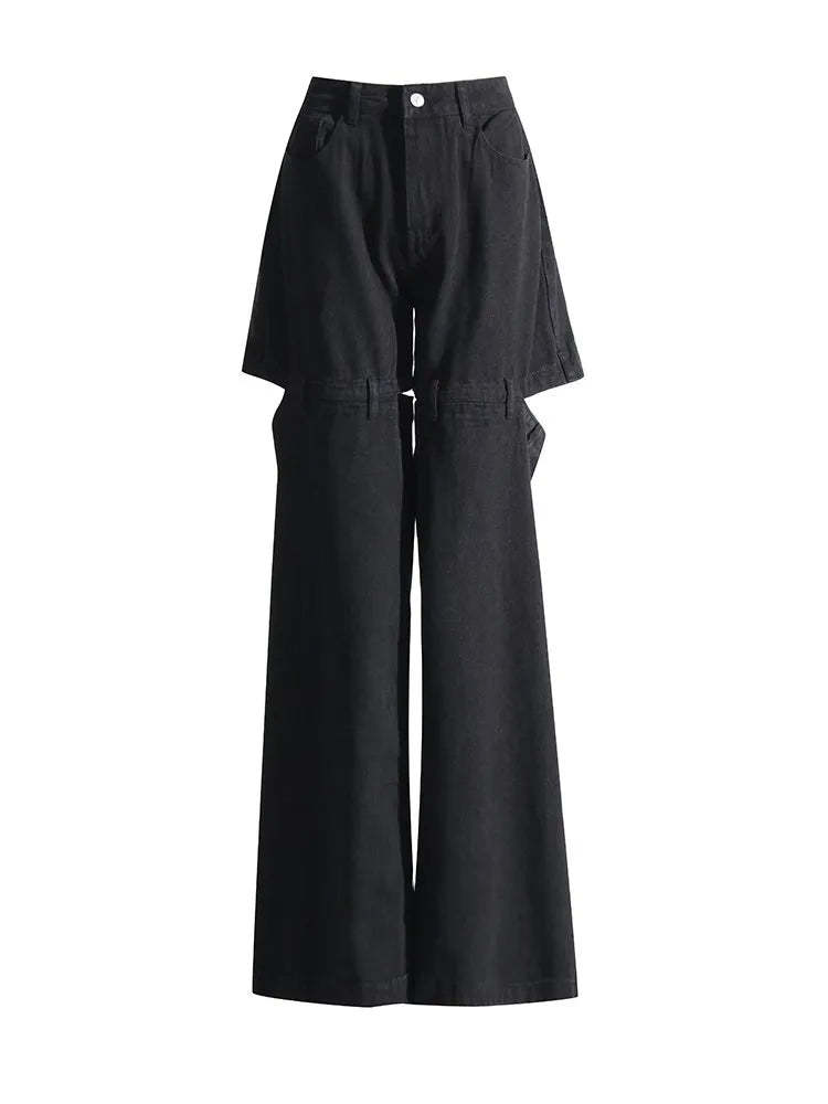 Hollow Out Streetwear Denim Trousers For Women High Wasit Loose Patchwork Wide Leg Pats Female Fashion Summer Clothing New
