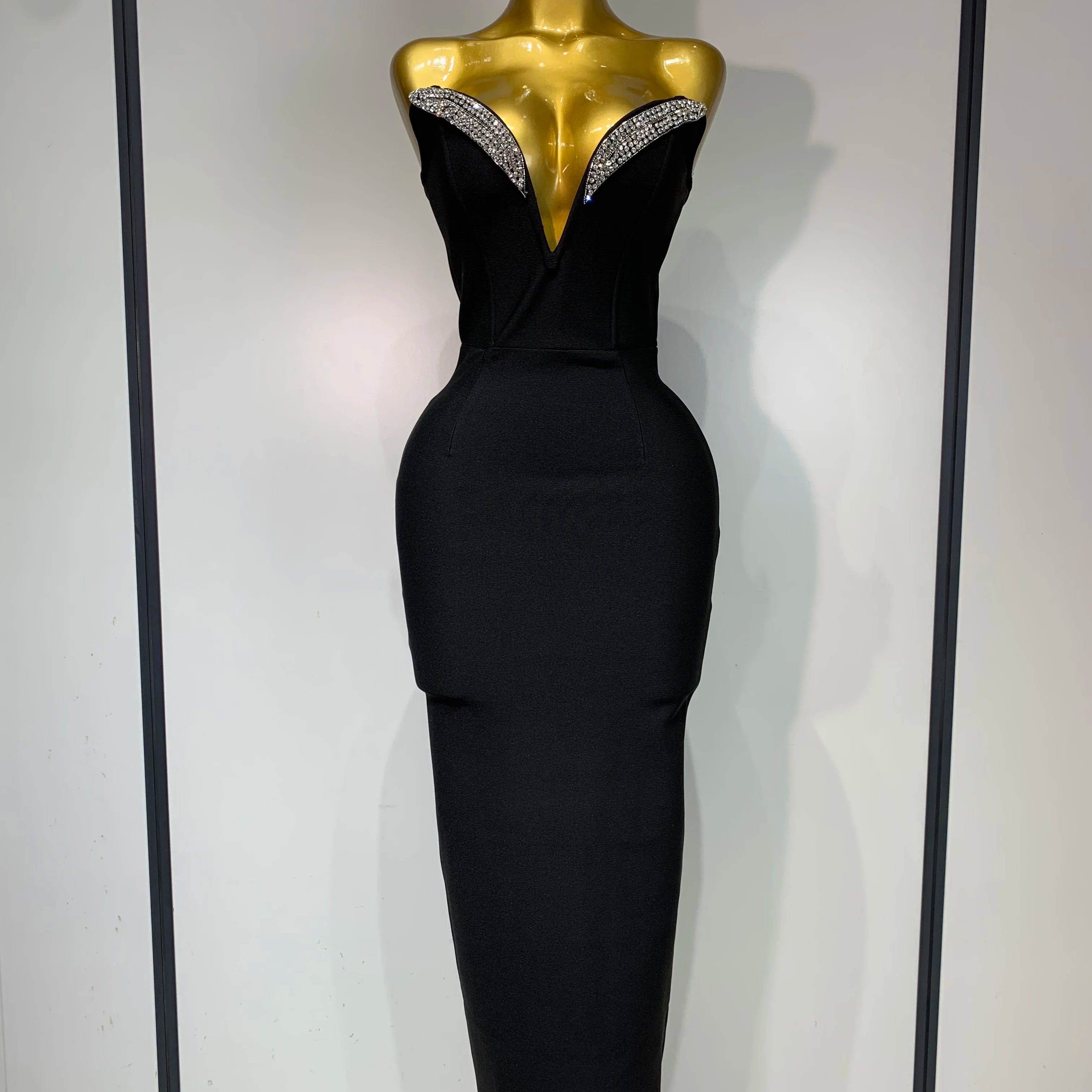 Women Sexy Strapless Sparkly Rhinestones Bodycon Bandage Long Dress Fashion Celebrate Evening Party Luxury Birthday Dresses