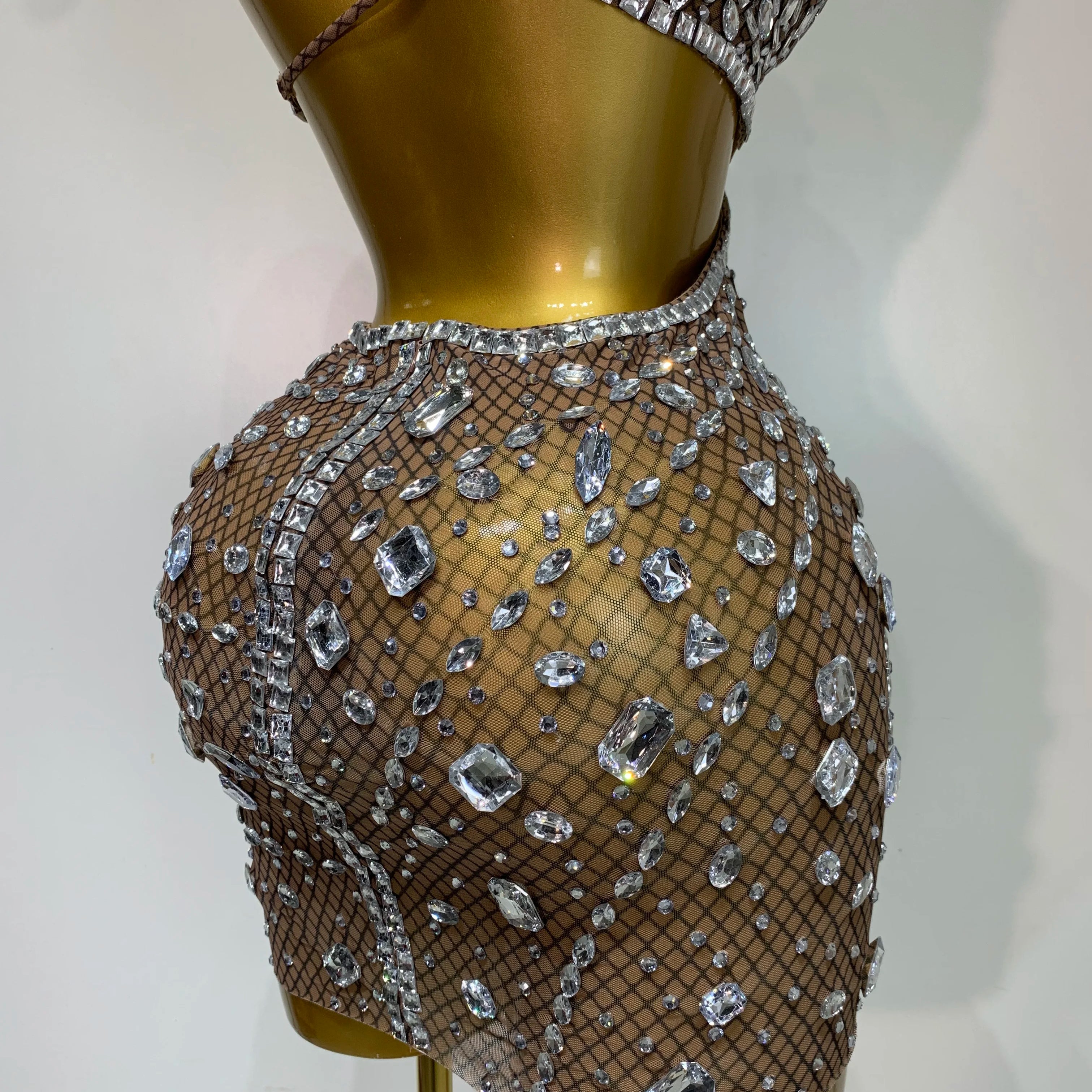 Sexy Sparkly Diamond Backless Short Dress 2025 Women Sleeveless Mesh See Through Evening Birthday Gown Singer Stage Outfit