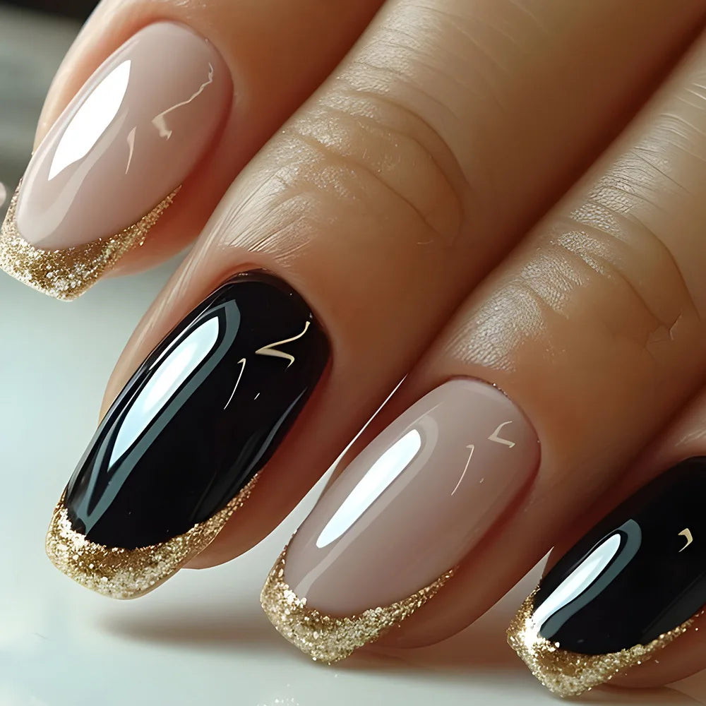 24pcs/set short middle fake nails super sparkling glitter flowers starry sky ballet square almond tips press on false nails art
