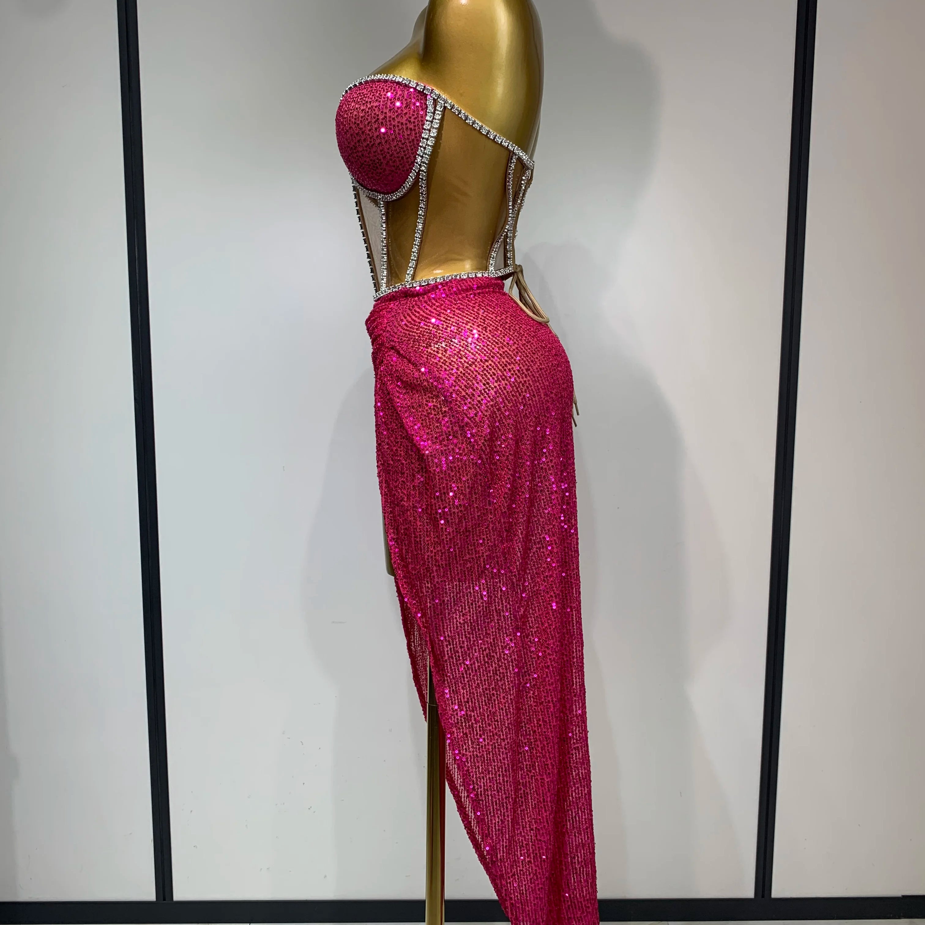 Women Sparkly Rhinestones Sequins Sexy Mesh Two Piece Set Evening Birthday Party Dress Nightclub Stage Performance Costumes