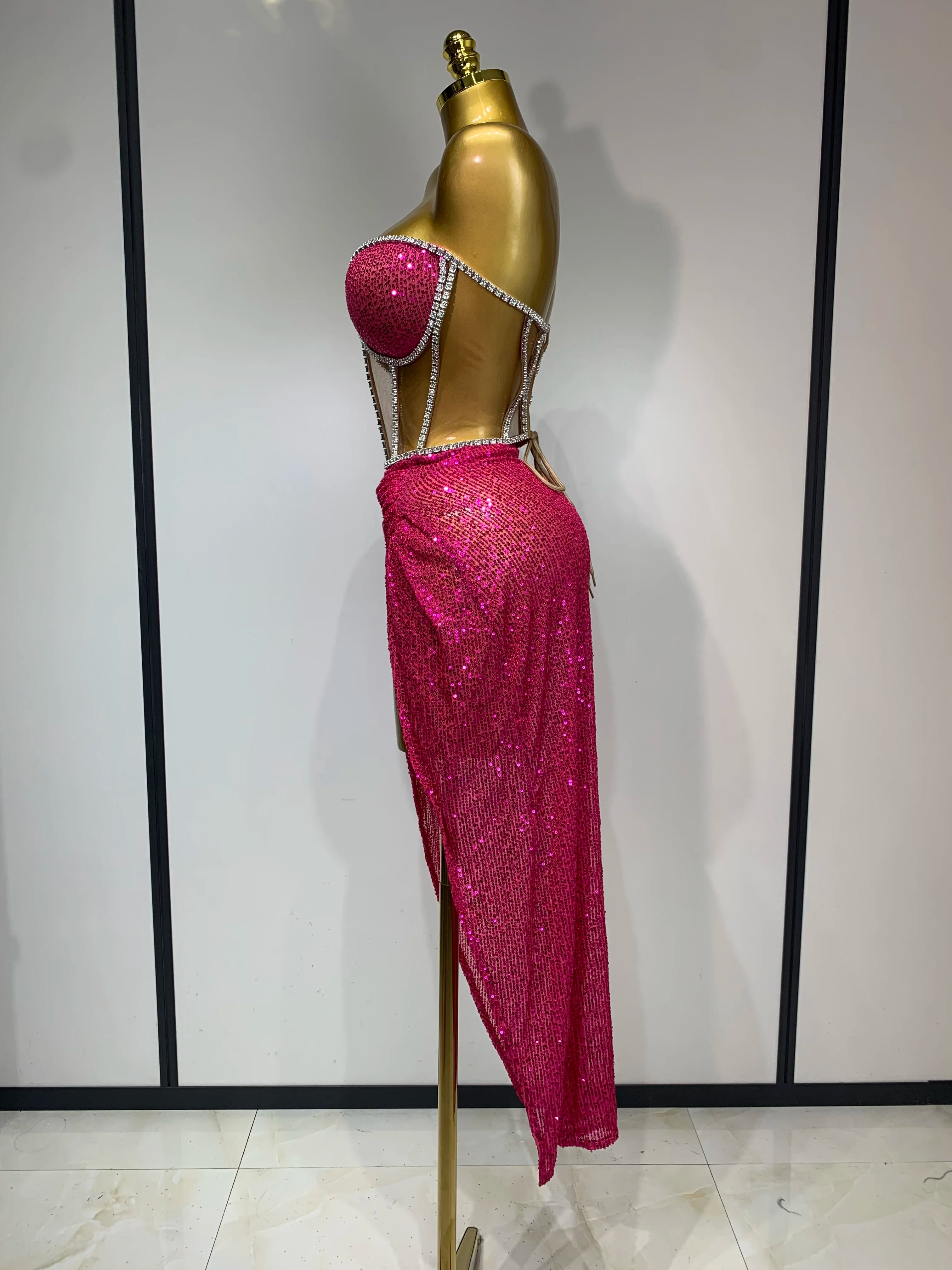 Women Sparkly Rhinestones Sequins Sexy Mesh Two Piece Set Evening Birthday Party Dress Nightclub Stage Performance Costumes