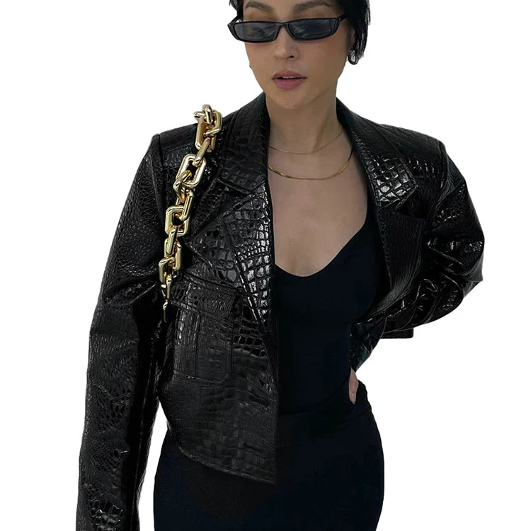 Spring Autumn Short Cool Stylish Shiny Reflective Crocodile Print Patent Pu Leather Jacket Women Runway Fashion 2023