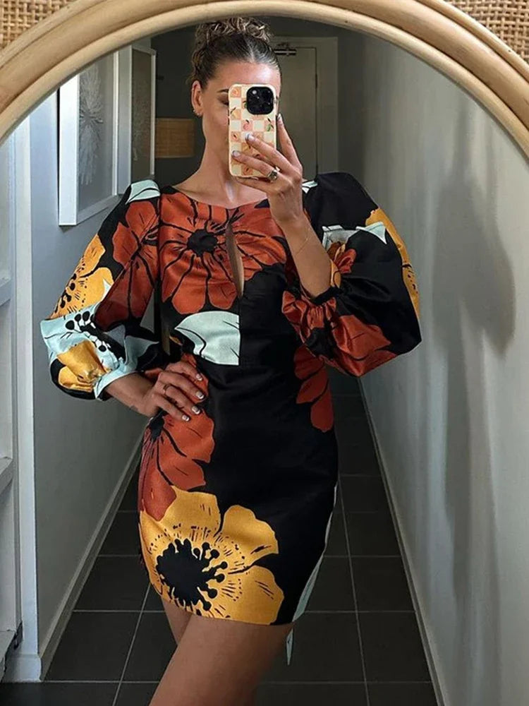 Elegant Backless Floral Mini Dress Summer Women Long Lantern Sleeve Beach Dresses Female Chic O-Neck Hollow Party Vestidos