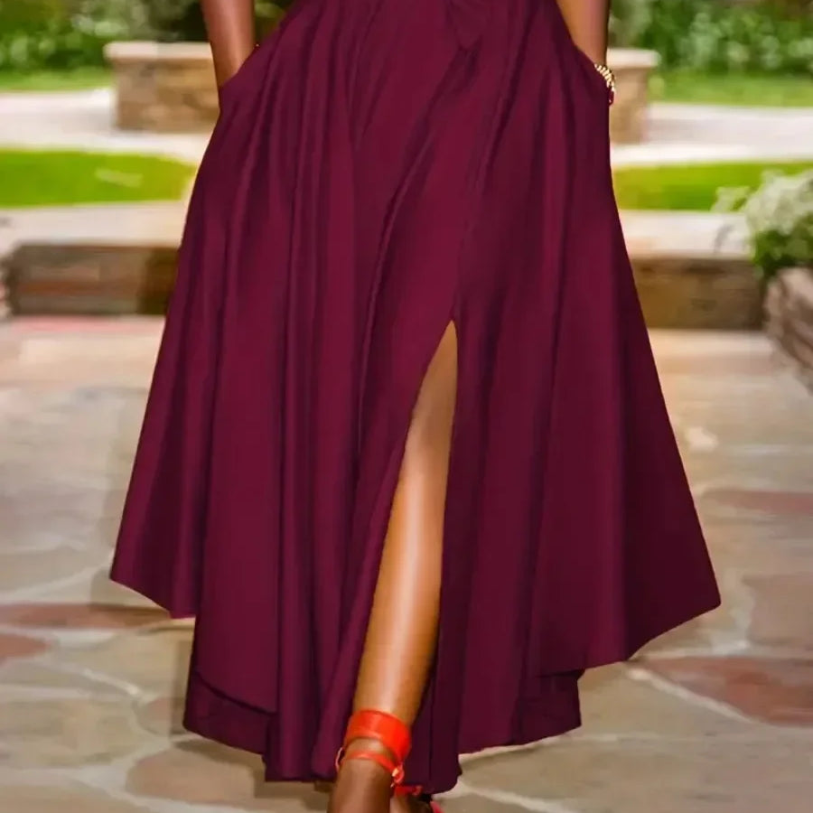New Women's Fashion Elegant Split Hem Skirts Irregular Design Pleated Maxi Skirt High Waist Solid Lace-up Party Long Dress Femme