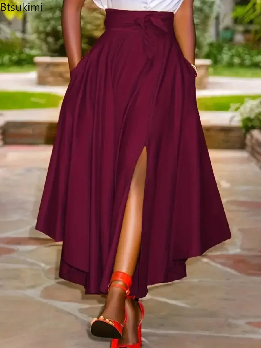 New Women's Fashion Elegant Split Hem Skirts Irregular Design Pleated Maxi Skirt High Waist Solid Lace-up Party Long Dress Femme