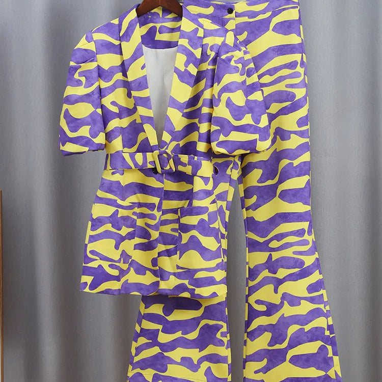 Wave Striped Print Blazer Pants Set For Women Loose Lapel Puff Short Sleeve Coat Suit New Elegant Female High Street Outfit