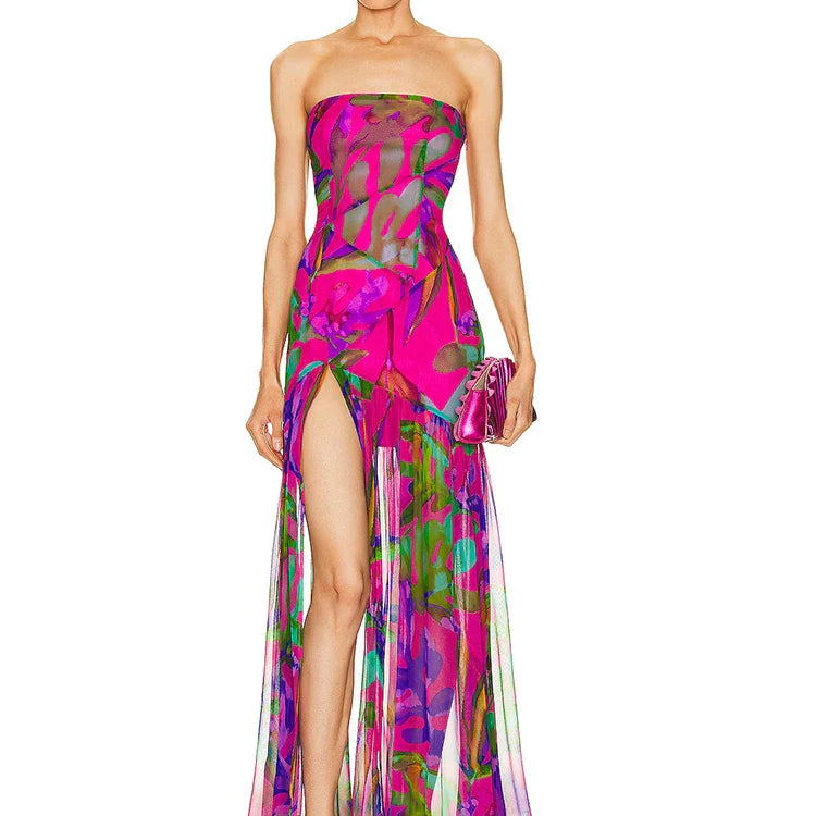 New Summer Print Strapless Mesh Patchwork Slit Long Dress Women Sexy Sleeveless Printed Split Colorful Vacation Maxi Dress Party as photo